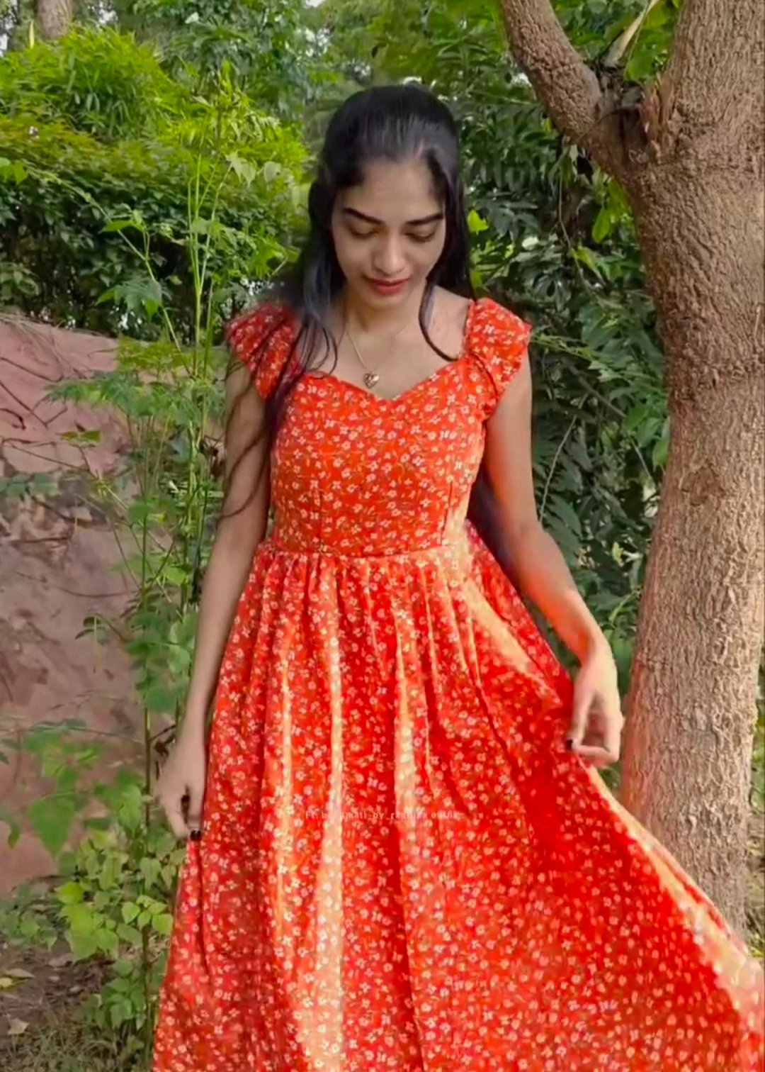 RED CREPE FLORAL PRINT SUMMER DRESS