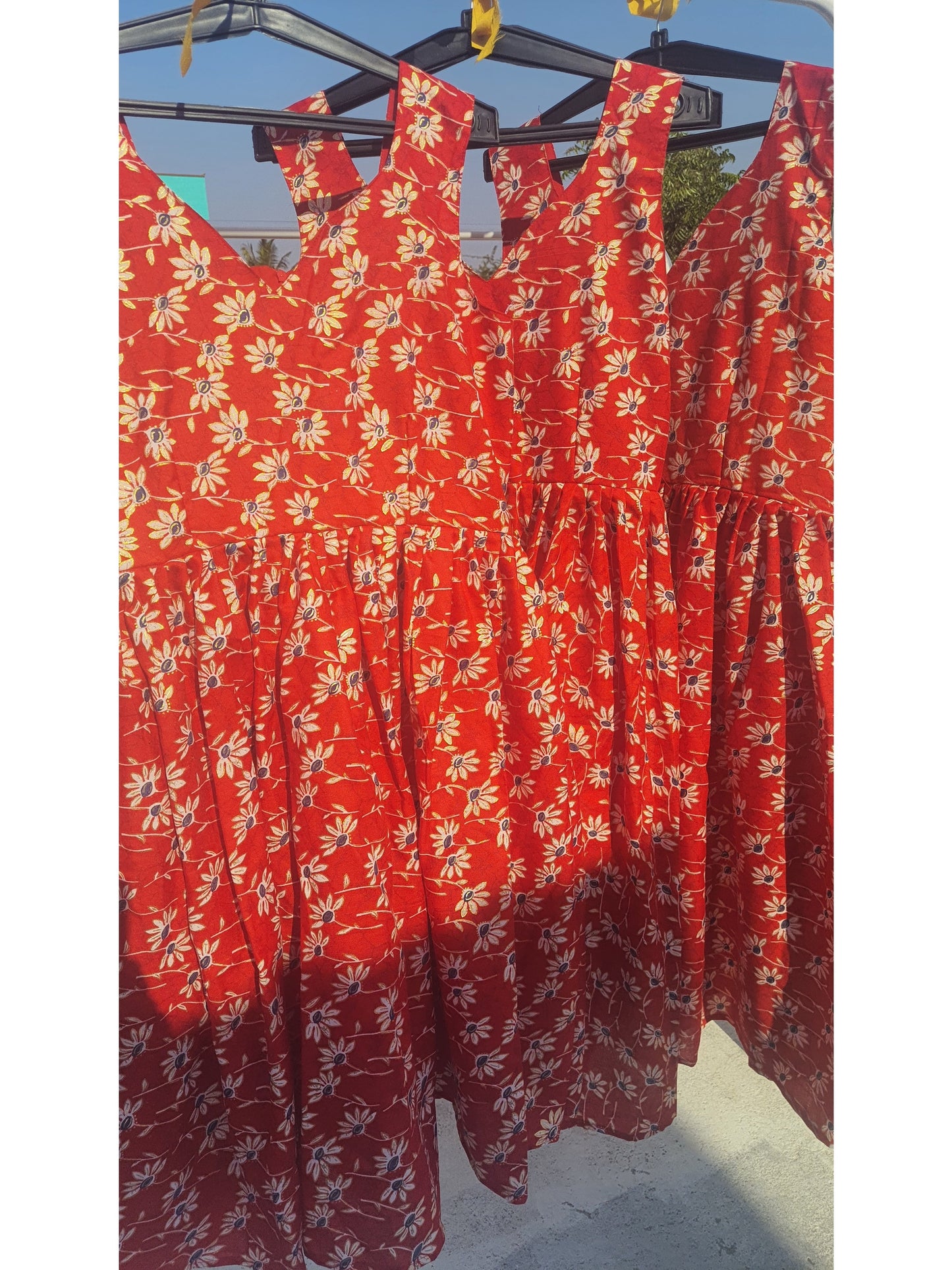 RED COTTON FLORAL PRINT SLEEVELESS DRESS