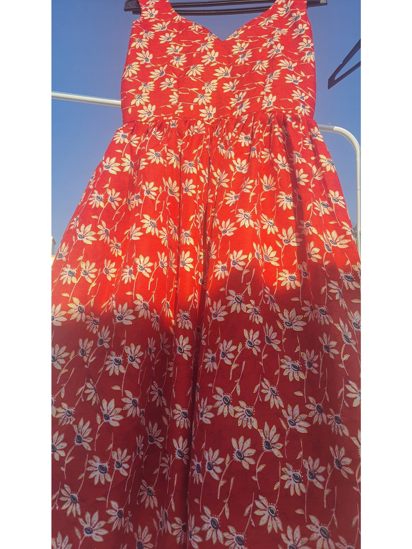 RED COTTON FLORAL PRINT SLEEVELESS DRESS