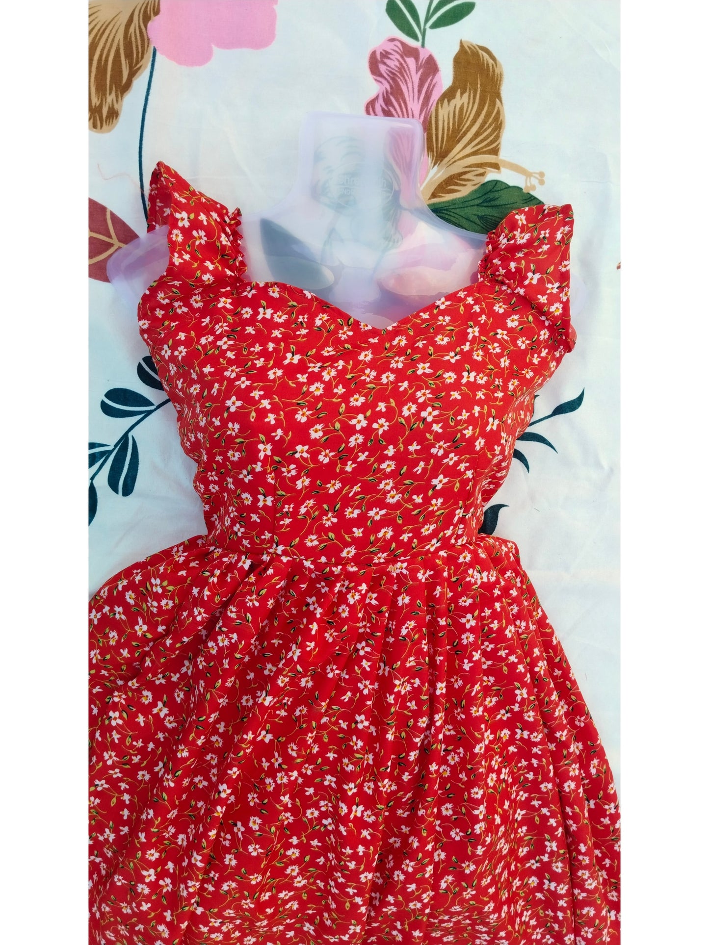 RED CREPE FLORAL PRINT SUMMER DRESS