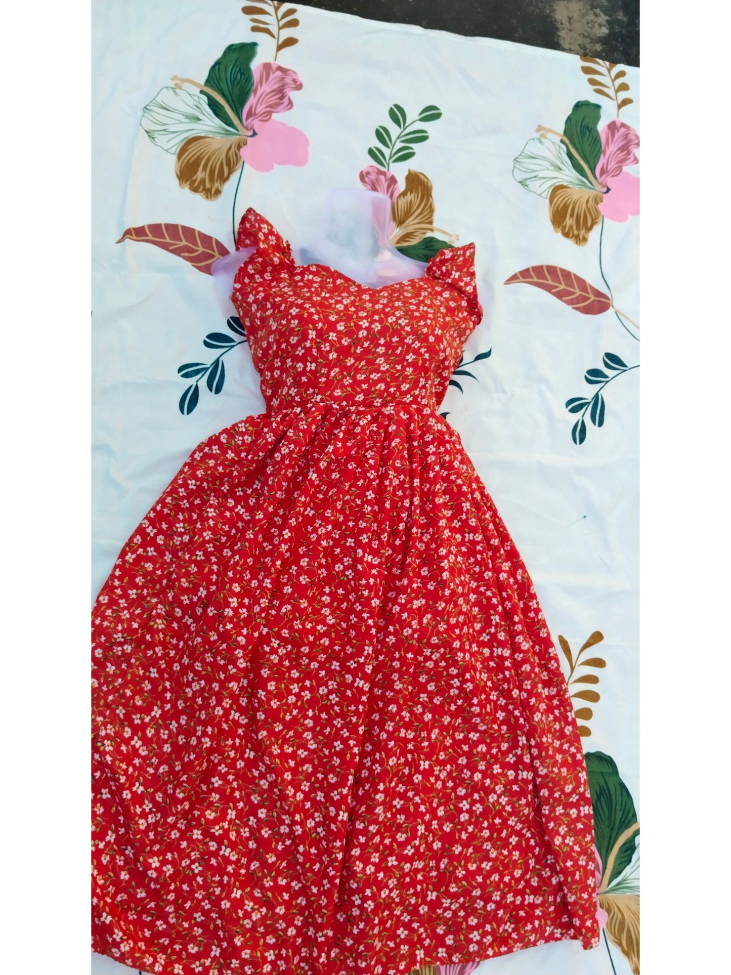 RED CREPE FLORAL PRINT SUMMER DRESS