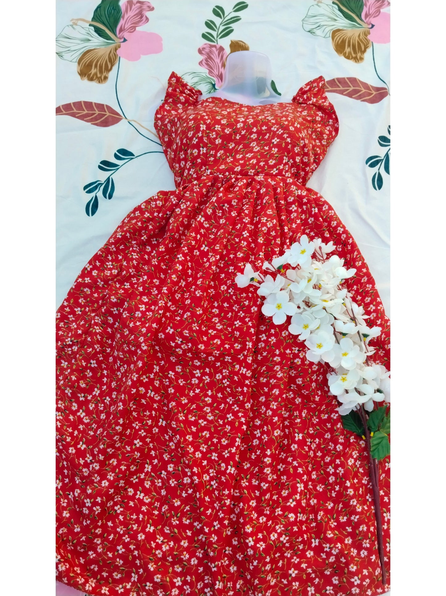 RED CREPE FLORAL PRINT SUMMER DRESS