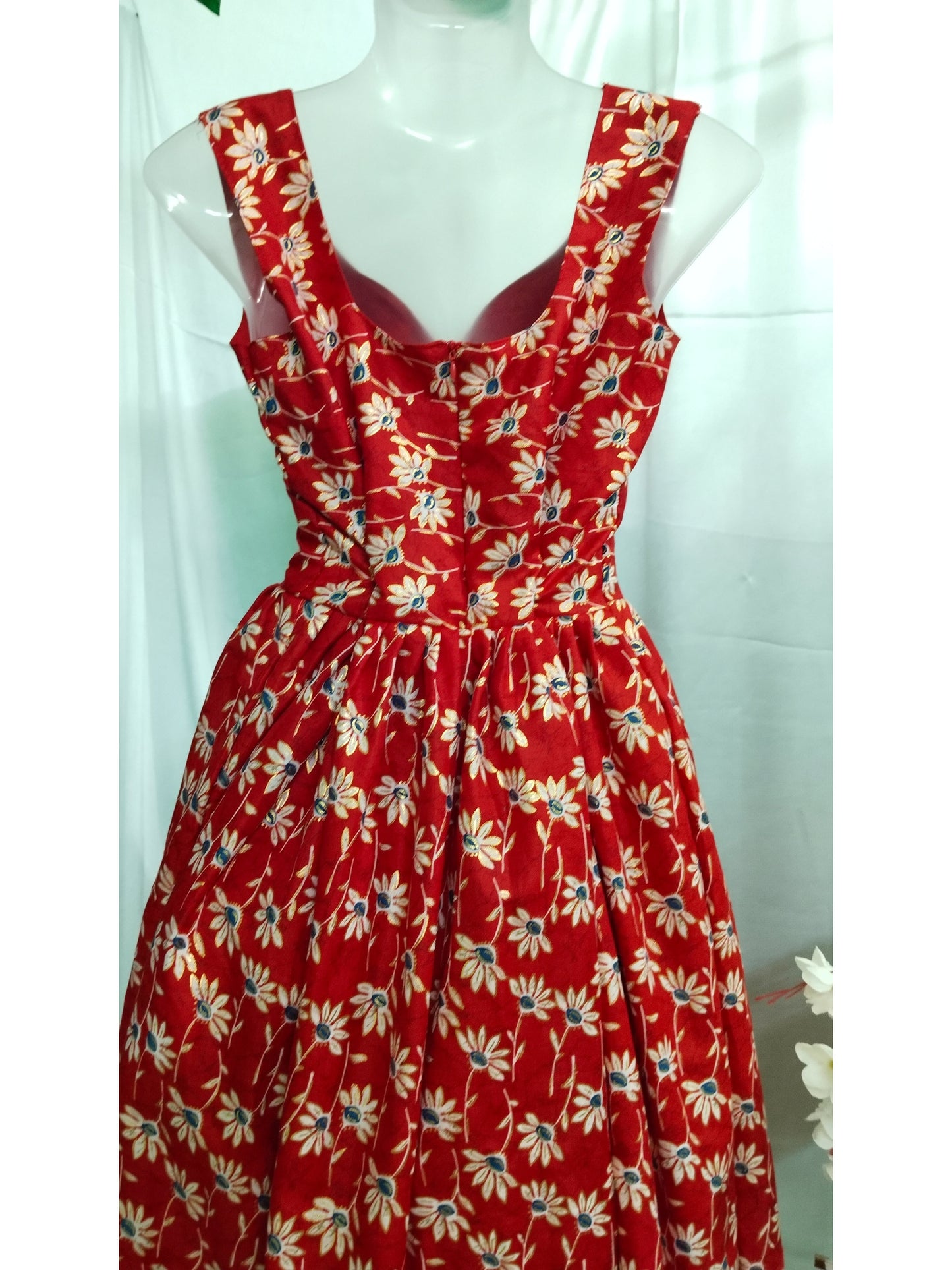RED COTTON FLORAL PRINT SLEEVELESS DRESS