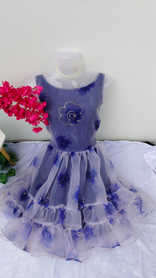 WHITE & BLUE FLORAL PRINTED ORGANZA TIERED DRESS