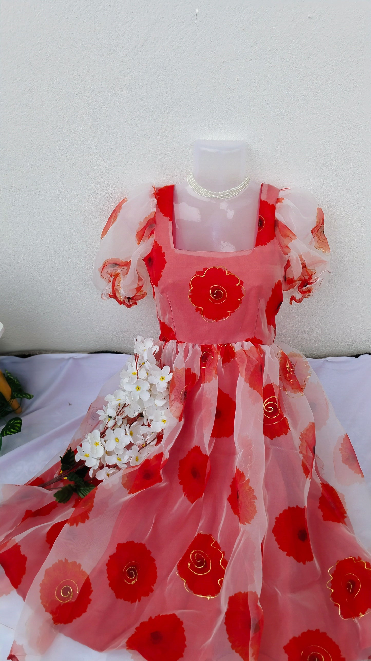 WHITE & RED FLORAL PRINTED ORGANZA DRESS