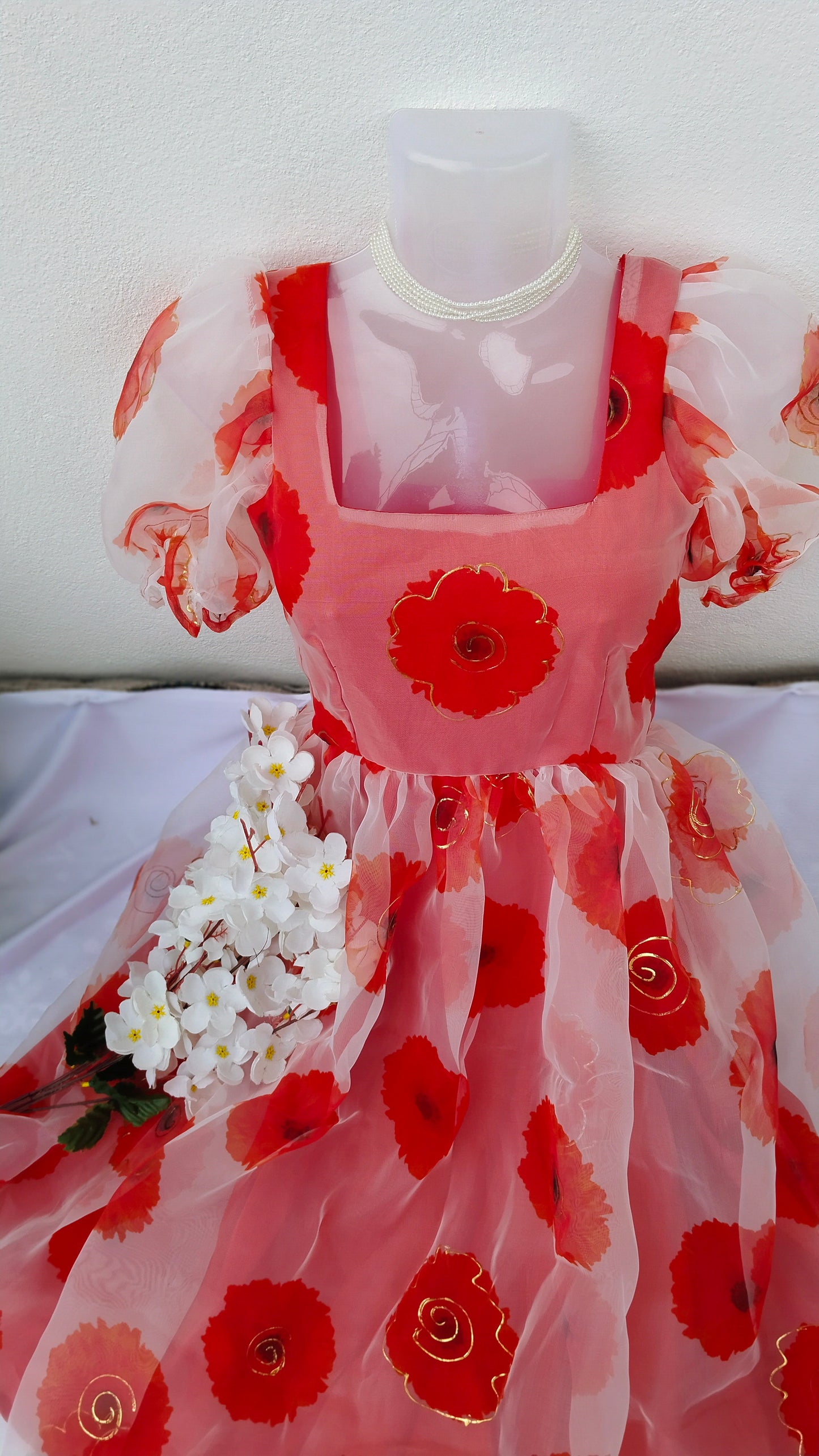 WHITE & RED FLORAL PRINTED ORGANZA DRESS