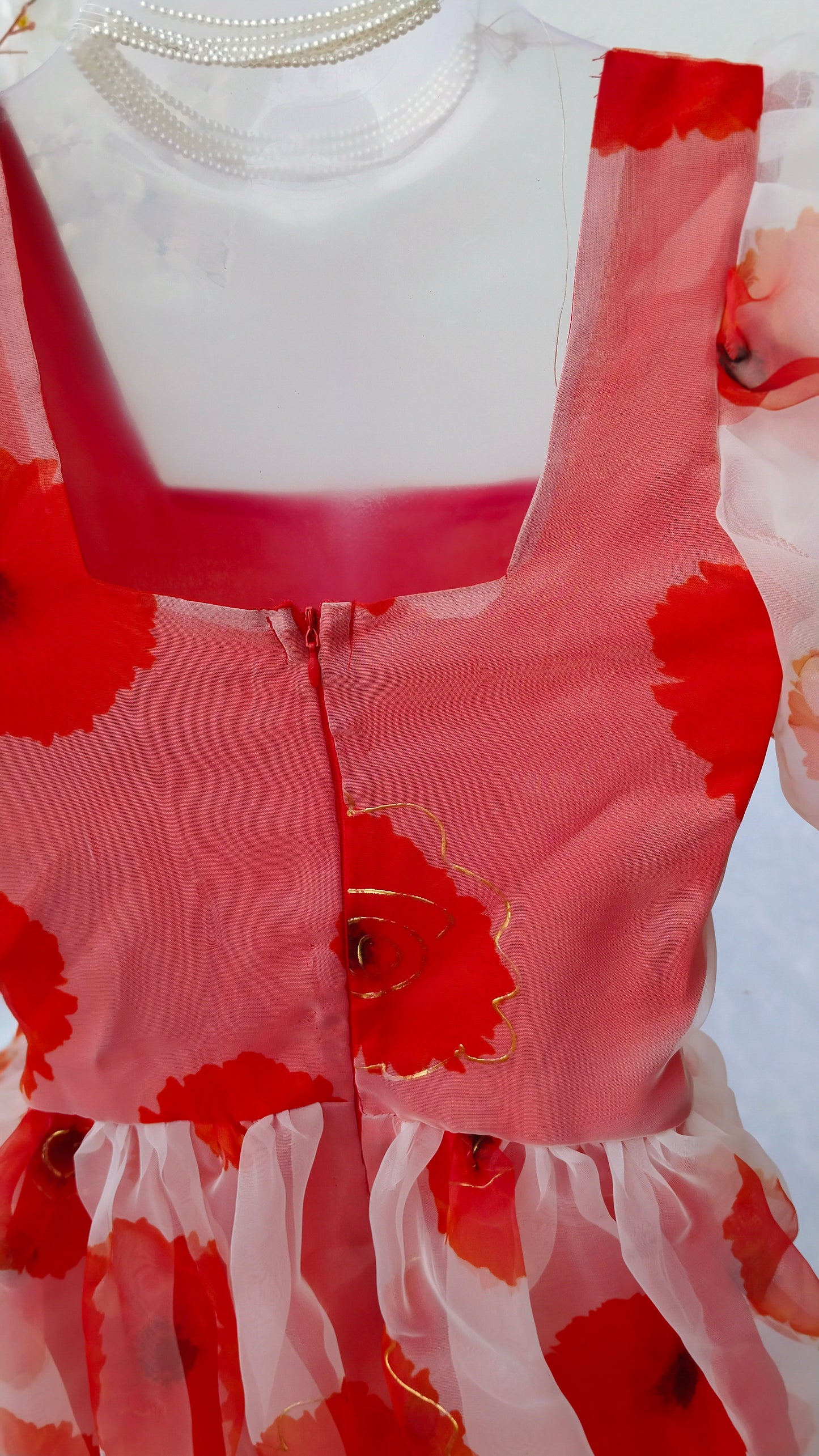 WHITE & RED FLORAL PRINTED ORGANZA DRESS