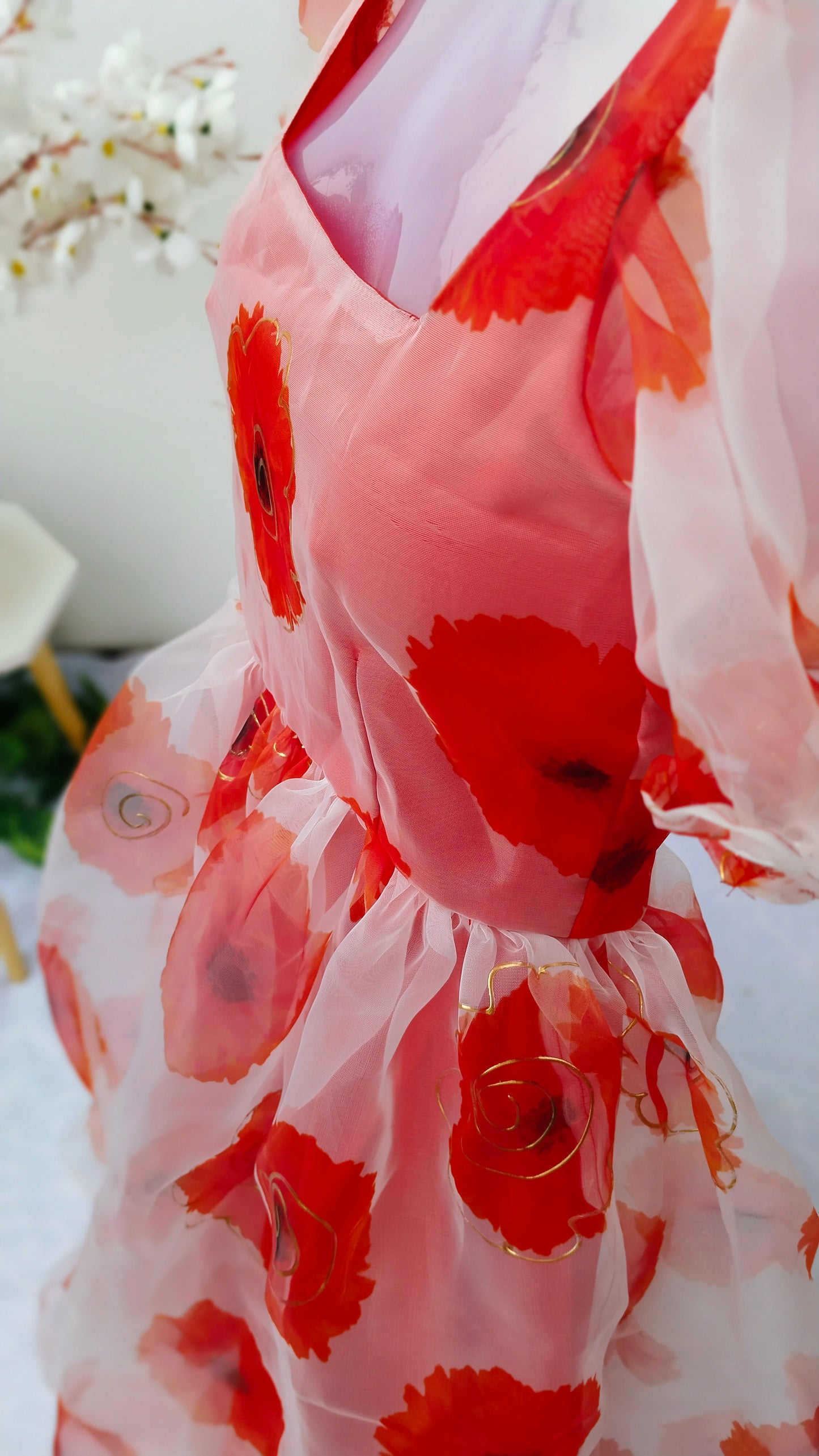 WHITE & RED FLORAL PRINTED ORGANZA DRESS