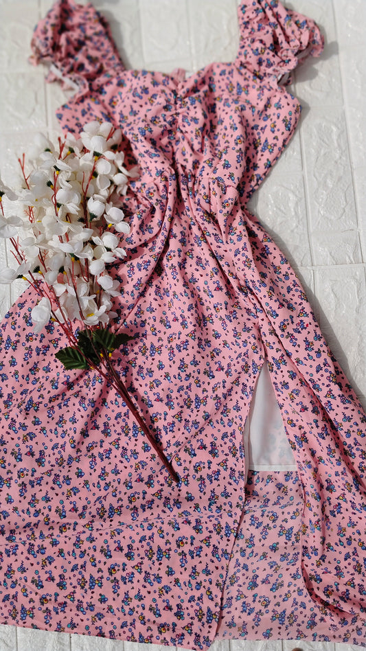 PINK FLORAL PRINTED GEORGETTE SLIT DRESS