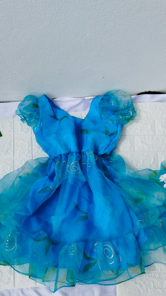 SKY BLUE FLORAL PRINTED ORGANZA TIERED SHORT DRESS