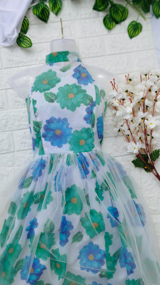 HALTER NECK FLORAL PRINTED WHITE  SHORT DRESS