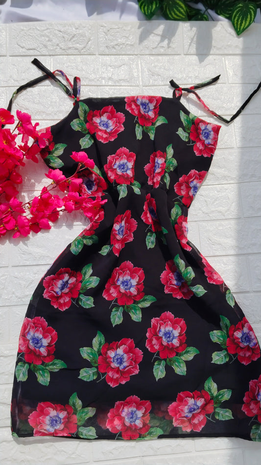 BLACK ROSE PRINTED GEORGETTE SHORT DRESS