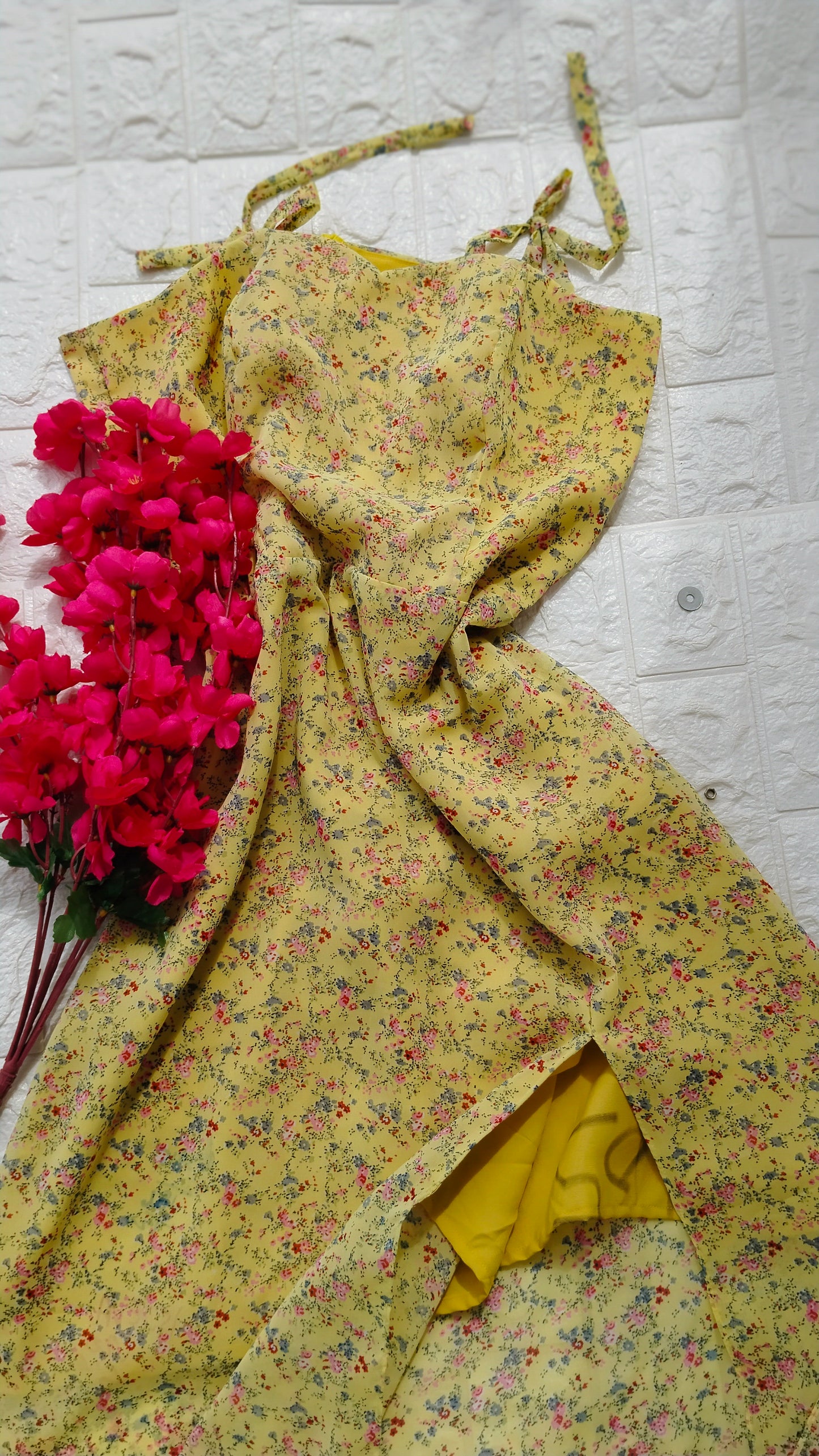 YELLOW FLORAL PRINTED GEORGETTE SLIT DRESS