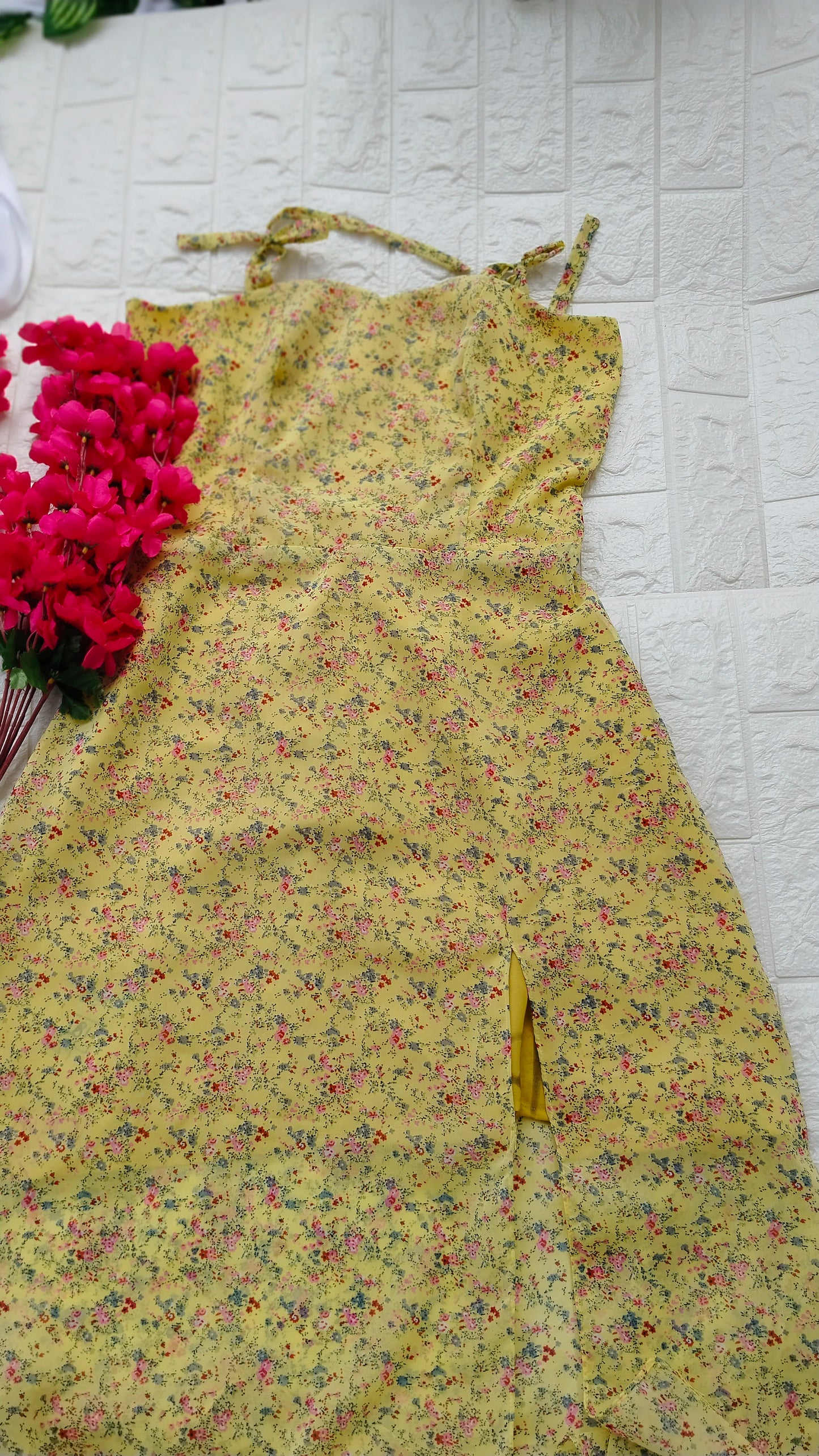 YELLOW FLORAL PRINTED GEORGETTE SLIT DRESS