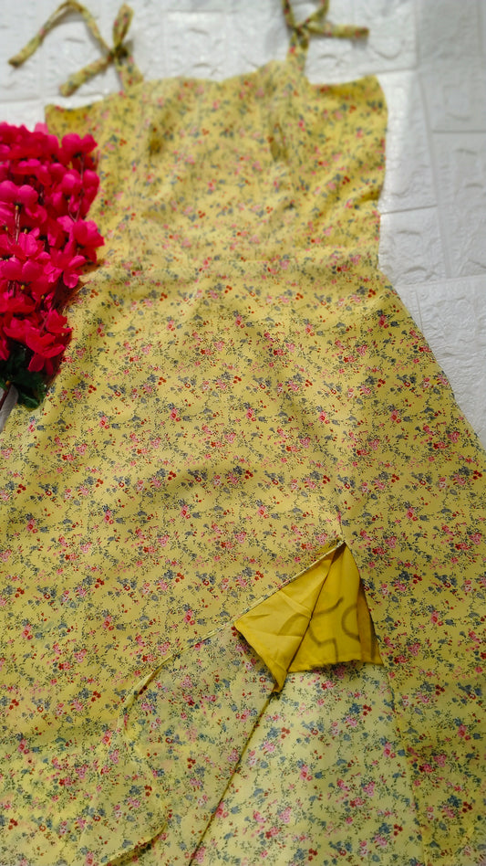 YELLOW FLORAL PRINTED GEORGETTE SLIT DRESS