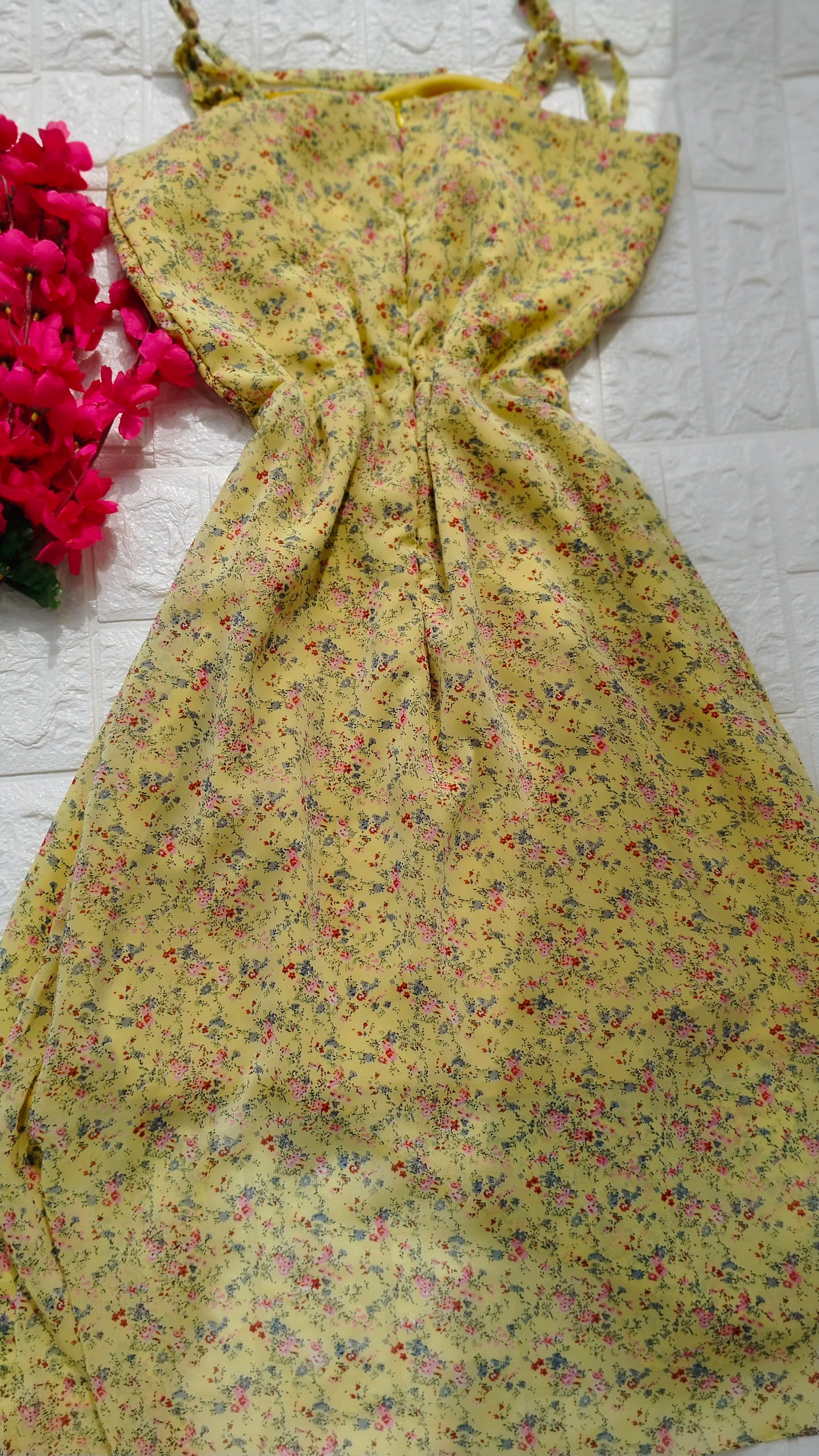 YELLOW FLORAL PRINTED GEORGETTE SLIT DRESS