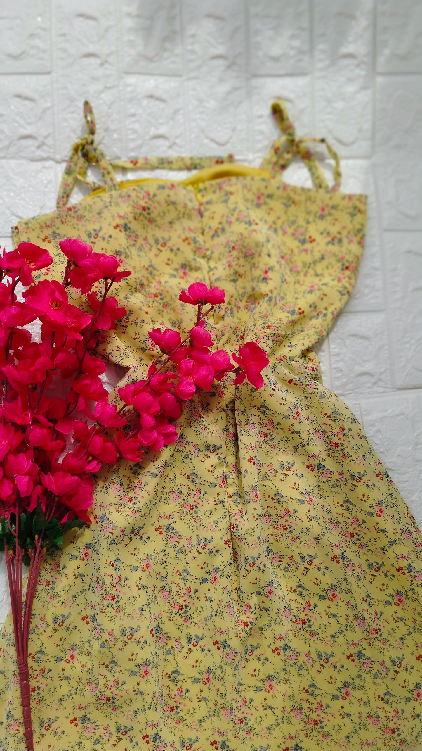 YELLOW FLORAL PRINTED GEORGETTE SLIT DRESS