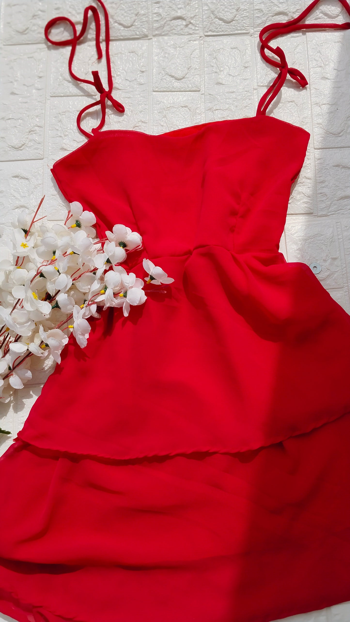 SOLID RED GEORGETTE LAYERED SHORT DRESS