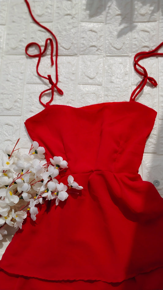 SOLID RED GEORGETTE LAYERED SHORT DRESS