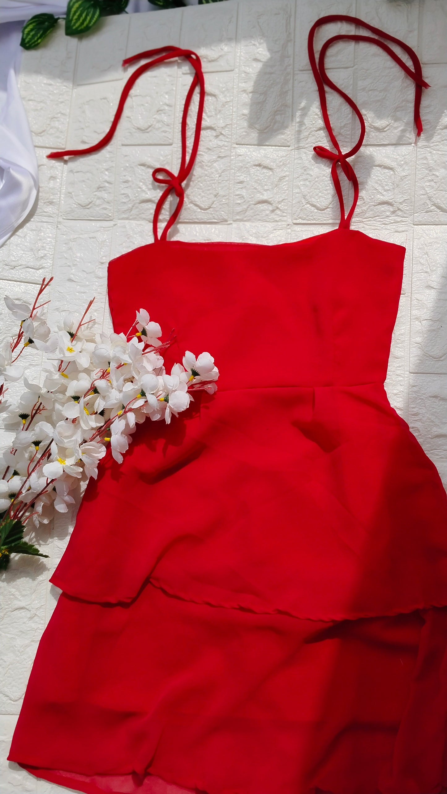 SOLID RED GEORGETTE LAYERED SHORT DRESS