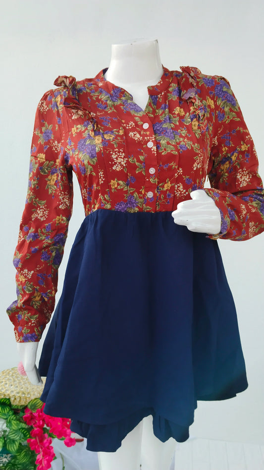 RED & BLUE FLORAL PRINT GOWN KOREAN STYLE
