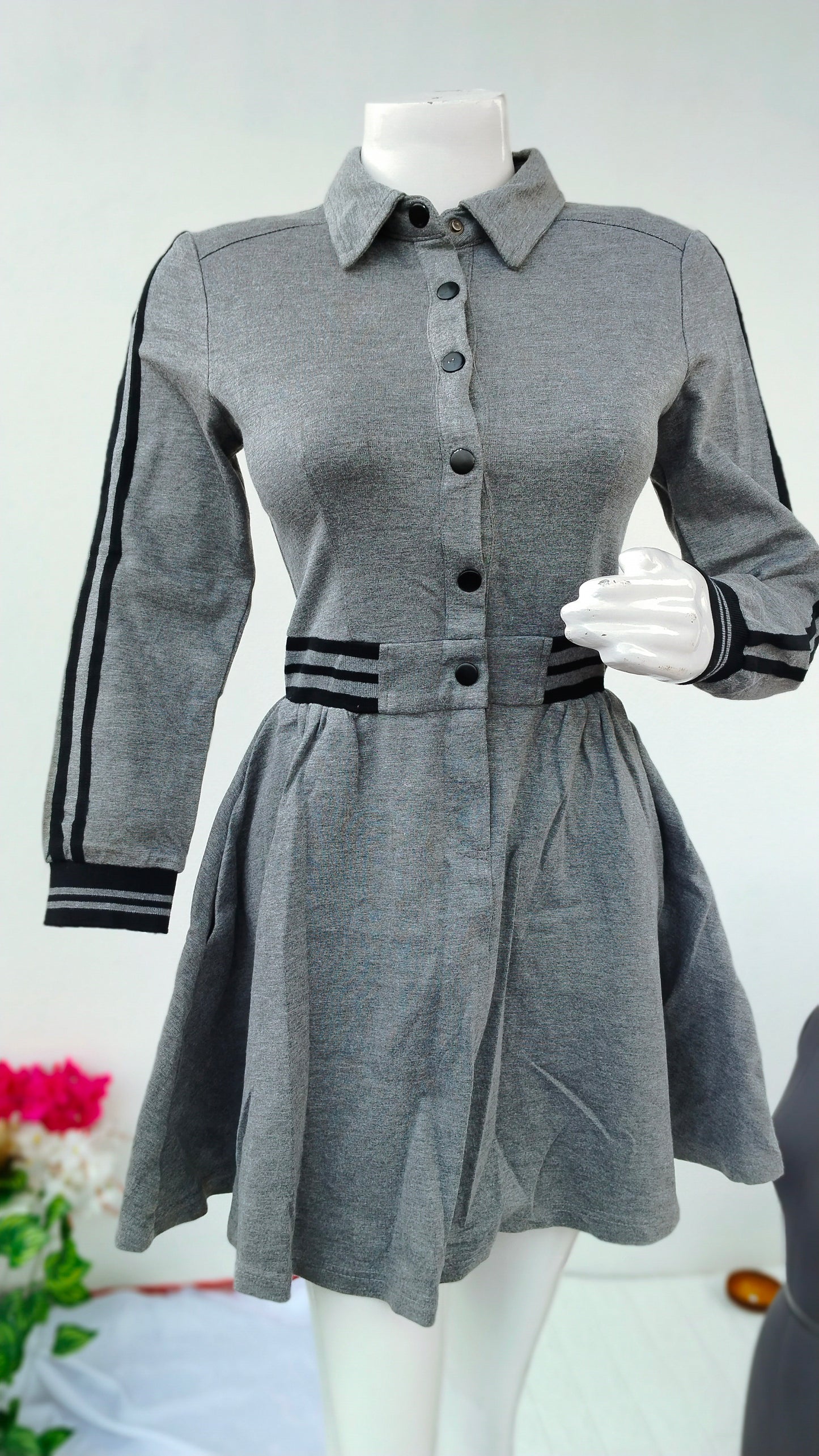 GRAY COLLAR NECK DRESS WITH FULL SLEEVES