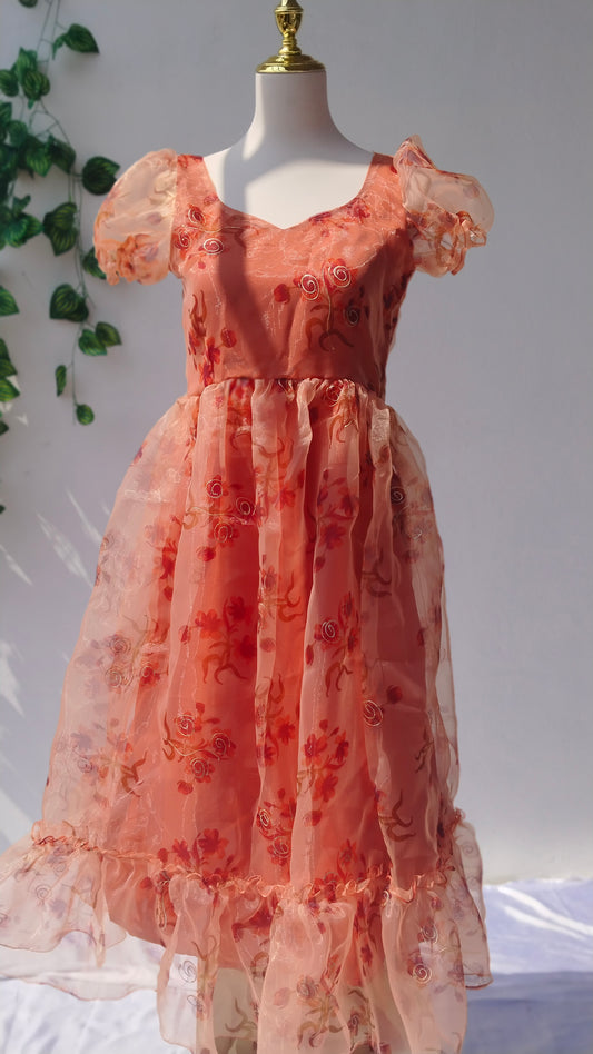 CINNAMON ORGANZA FLORAL PRINTED TIERED DRESS WITH SHORT PUFF SLEEVES
