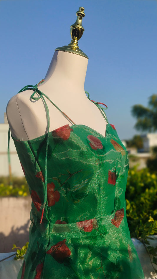 GREEN FLORAL PRINTED STARP DRESS