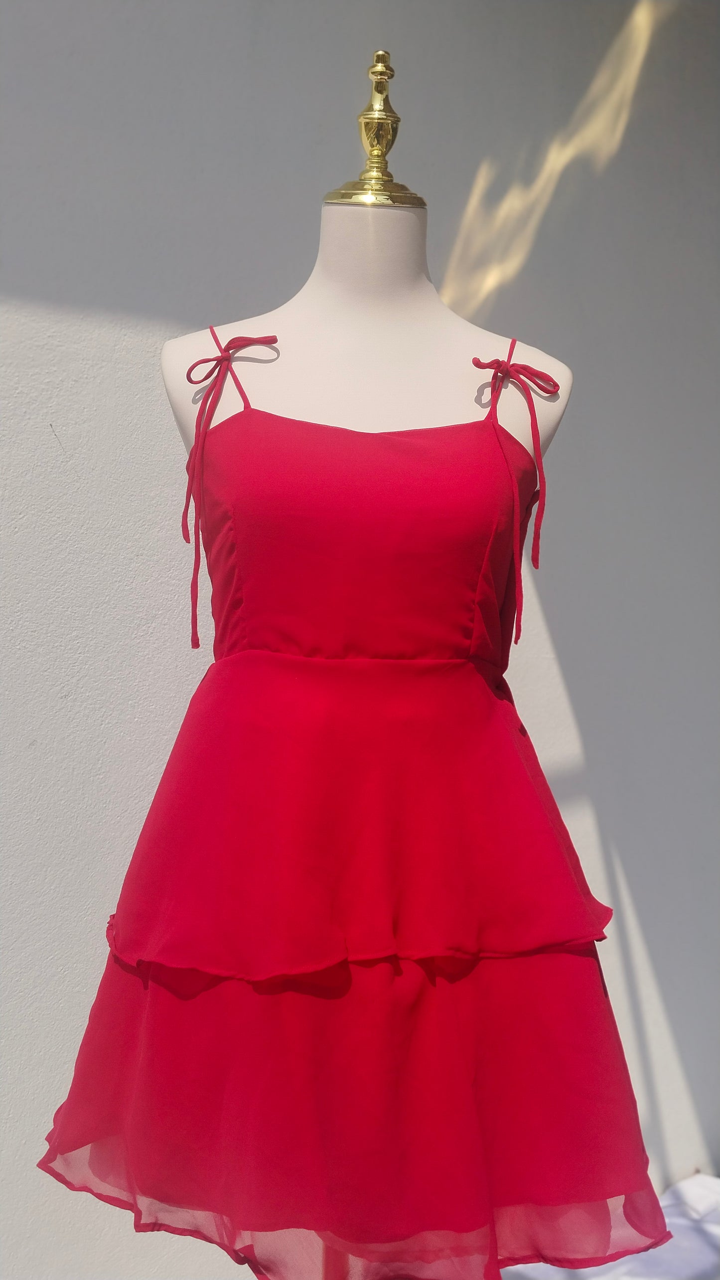 SOLID RED GEORGETTE LAYERED SHORT DRESS