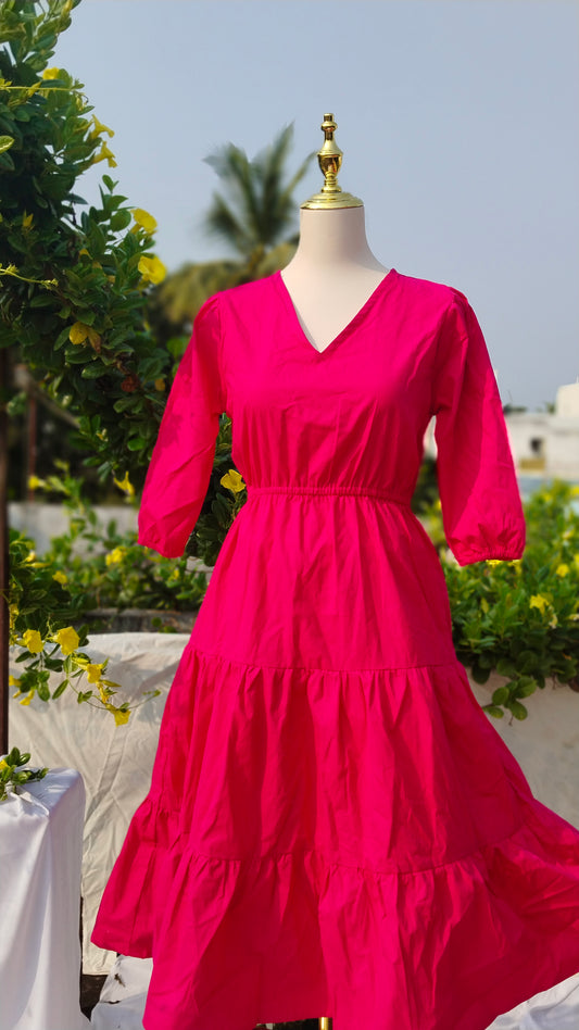 SOLID PINK V-NECK COTTON DRESS