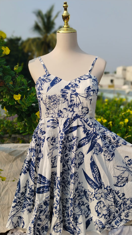WHITE  BLUE FLORAL PRINT STRAP DRESS