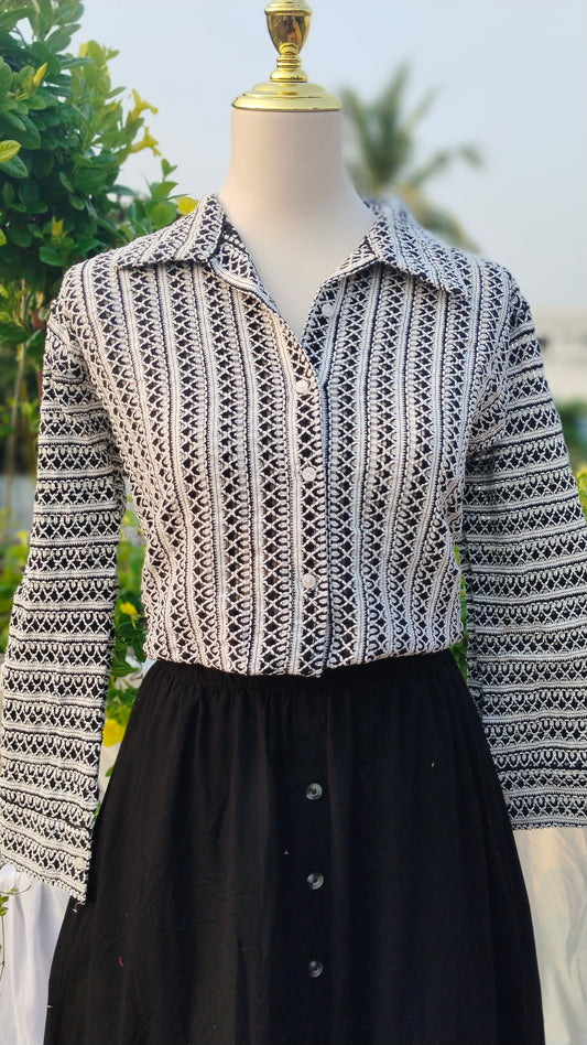 BLACK & WHITE SELF DESIGNED THREAD WORK SHIRT