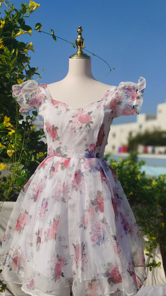 WHITE FLORAL PRINTED SHORT ORGANZA DRESS