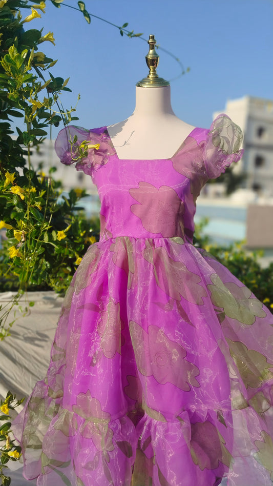 PURPLE FLORAL PRINTED ORGANZA TIERED DRESS