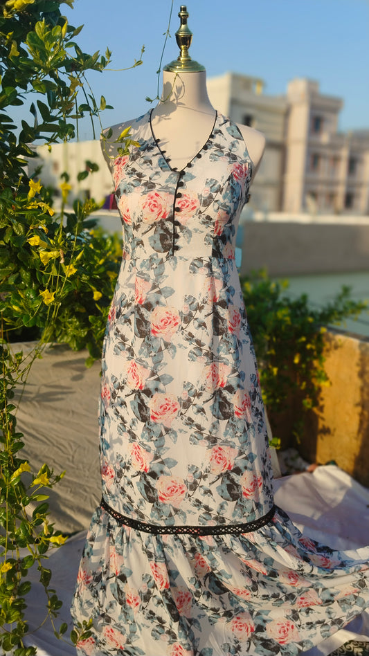 FLORAL PRINT HALTER NECK A - LINE DRESS