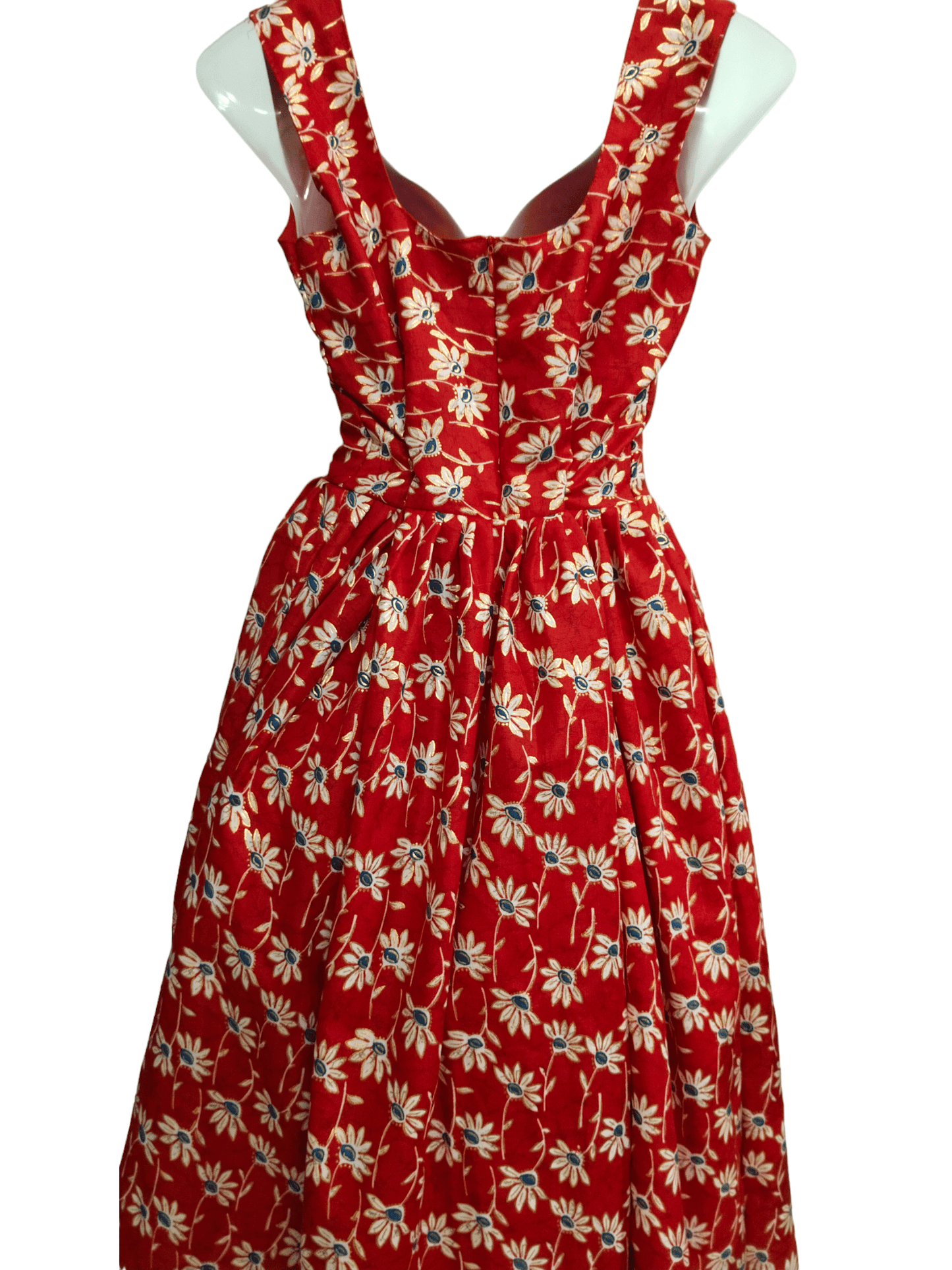 RED COTTON FLORAL PRINT SLEEVELESS DRESS