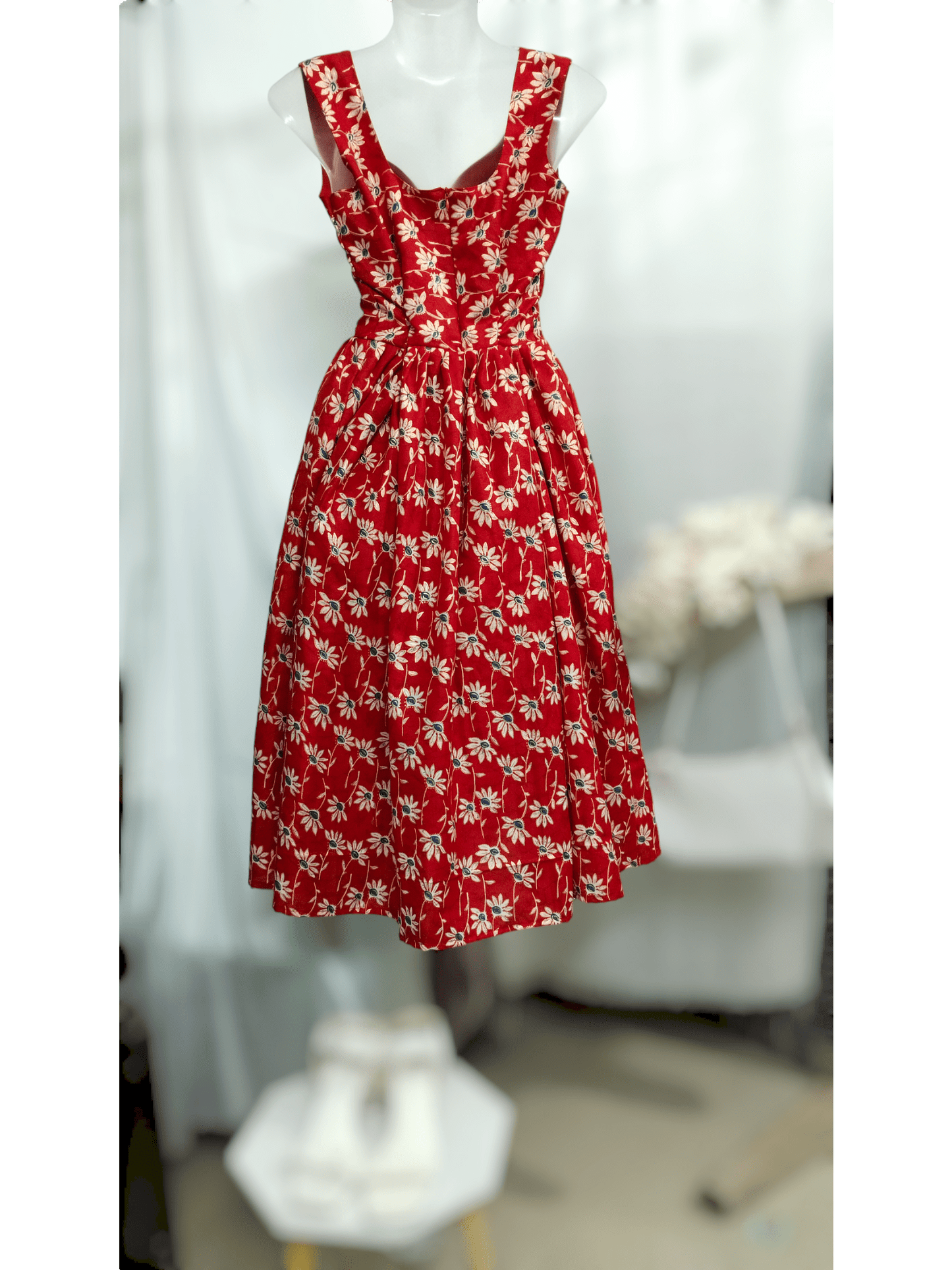 RED COTTON FLORAL PRINT SLEEVELESS DRESS