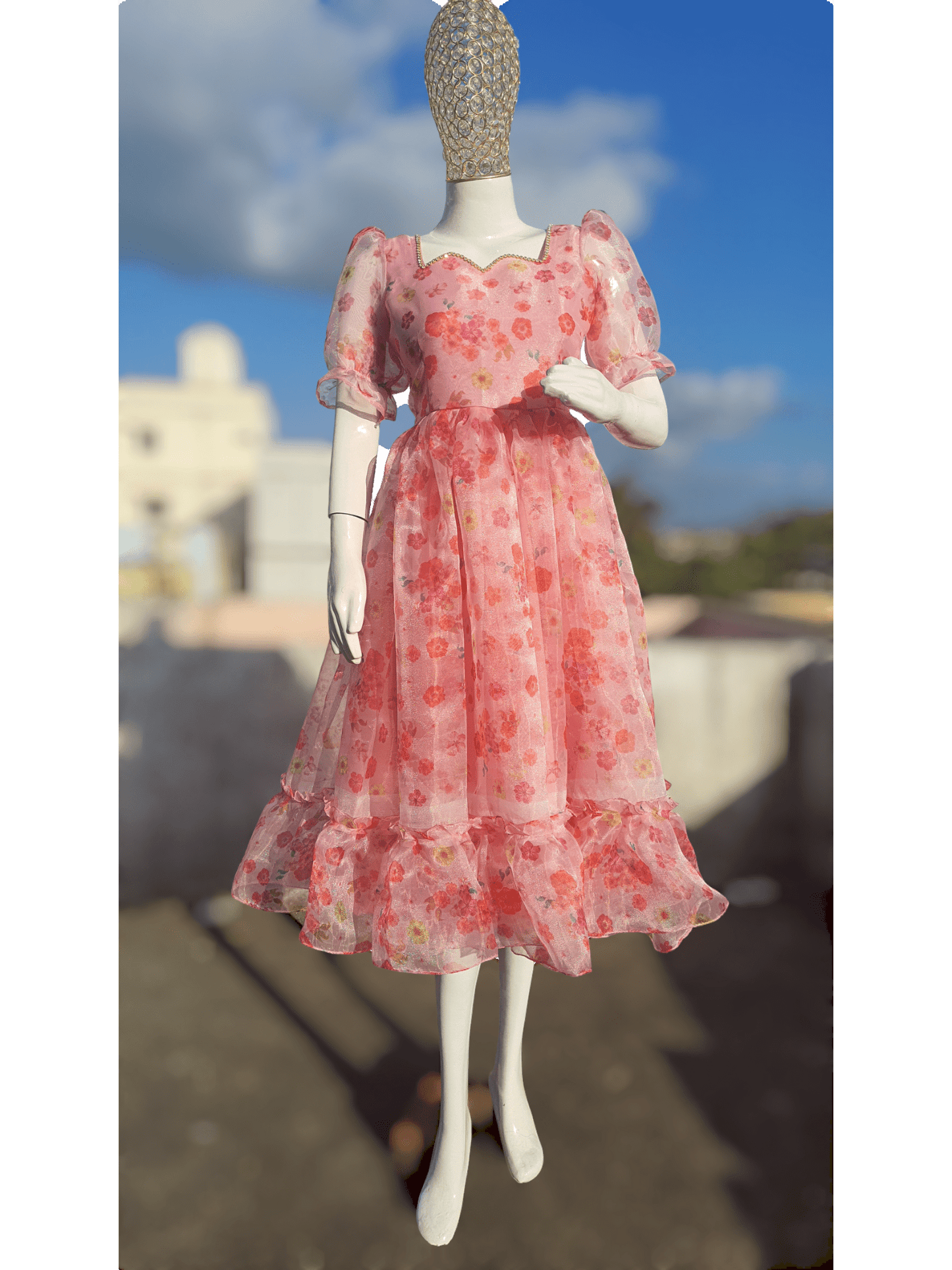 BABY PINK ORGANZA FLORAL PRINT LAYERED DRESS