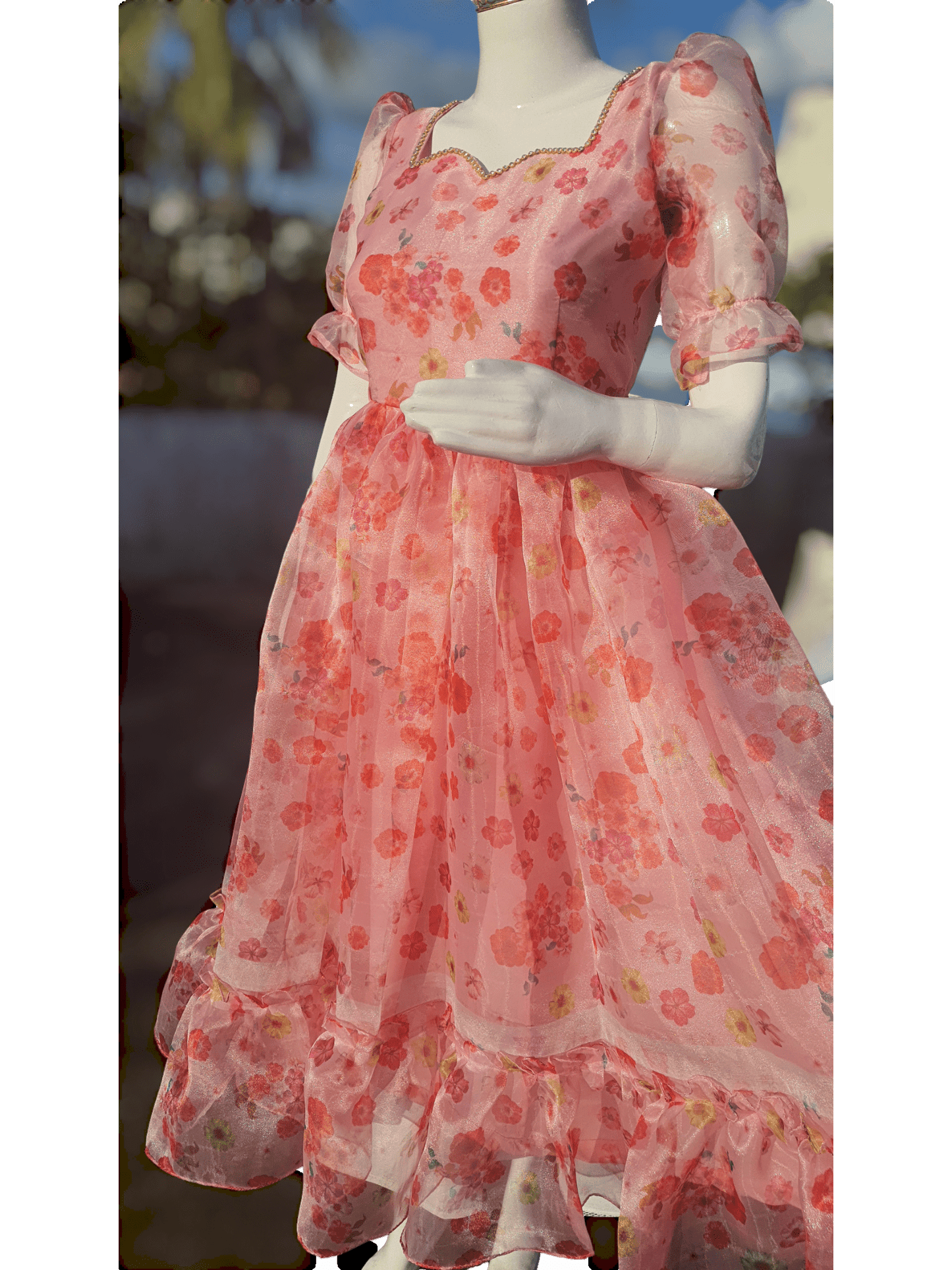 BABY PINK ORGANZA FLORAL PRINT LAYERED DRESS