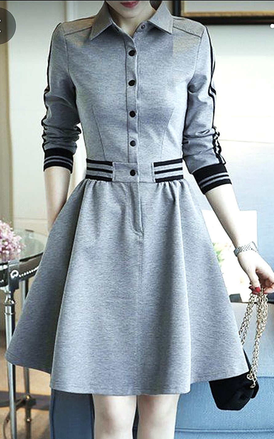 GRAY COLLAR NECK DRESS WITH FULL SLEEVES